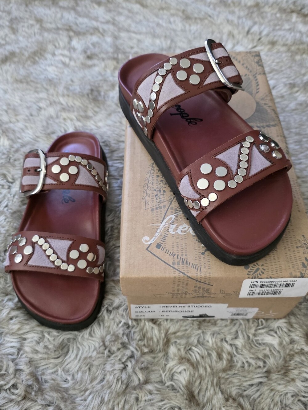 Free People Revelry Studded Double Strap Slide Sandals Rust/Lavender Women's 6.5